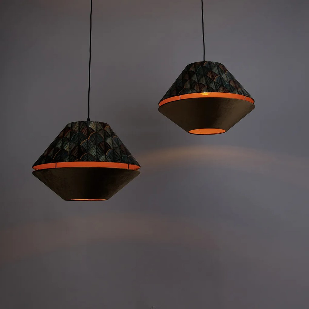 Candeeiro suspenso preto com abajur duplo de veludo com design de folha e bege 2 luzes - Cava Luxe Clássico / Antigo