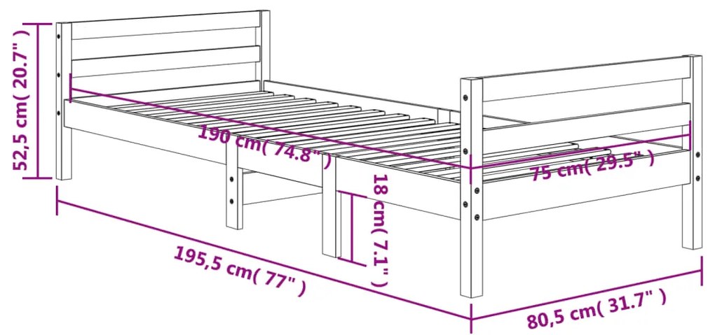 Estrutura de cama 75x190 cm madeira pinho maciça castanho cera