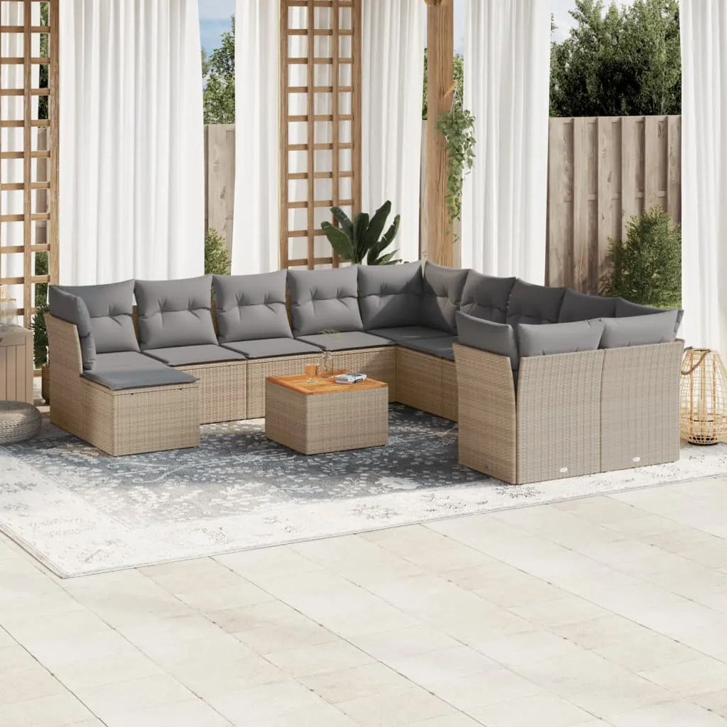 12 pcs conj. sofás jardim c/ almofadões vime PE bege misturado