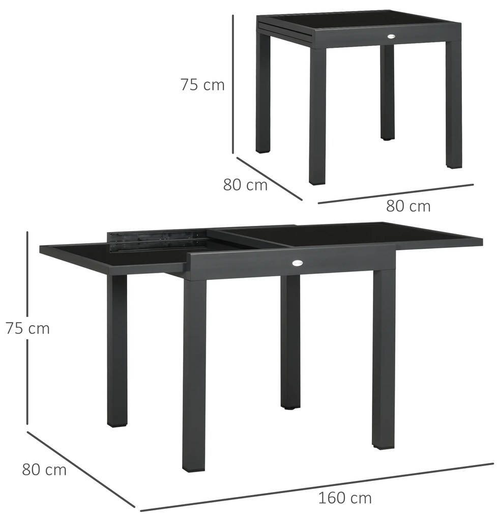 Mesa de Jardim Extensível de Alumínio com Bancada de Vidro Temperado 160x80x75 cm Preto