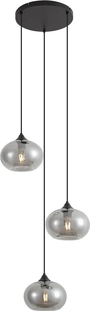 Candeeiro de suspensão Art Deco preto com vidro fumê 3 luzes redondo - Busa