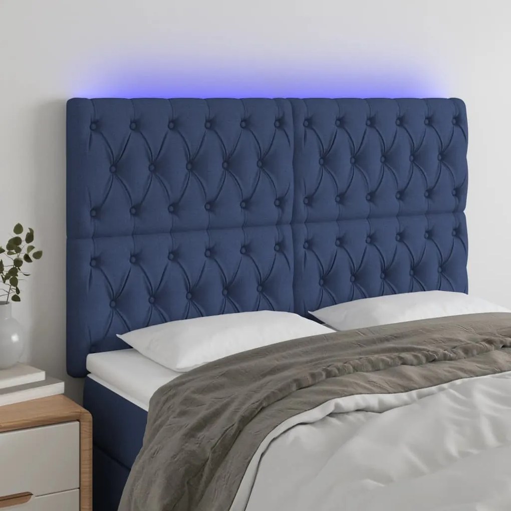 Cabeceira de cama c/ luzes LED tecido 144x7x118/128 cm azul