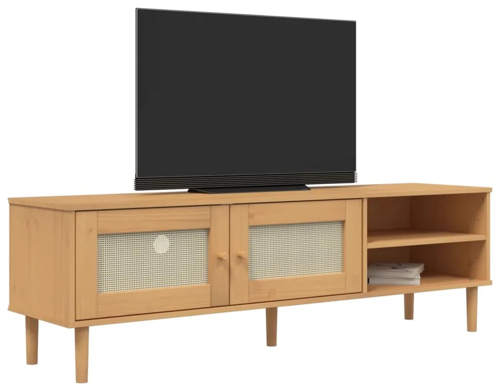 Móvel de TV SENJA aspeto vime 158x40x49cm pinho maciço castanho