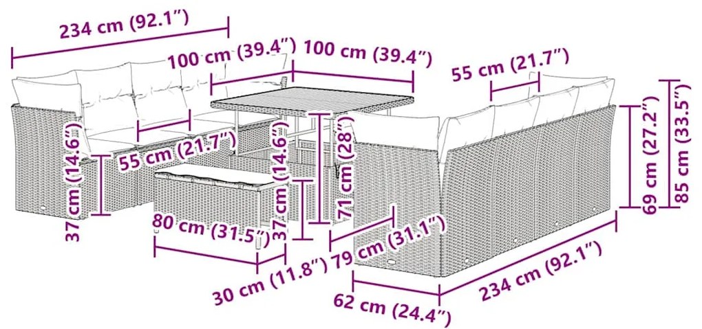 Conjunto de Sofá de Jardim com 11 Peças e Almofadas Pretas em Rattan d