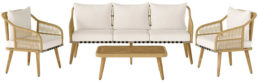 Conjunto de Jardim em Vime com Almofadas Móveis de Exterior com 2 Poltronas Sofá de 3 Lugares Mesa Creme e Madeira