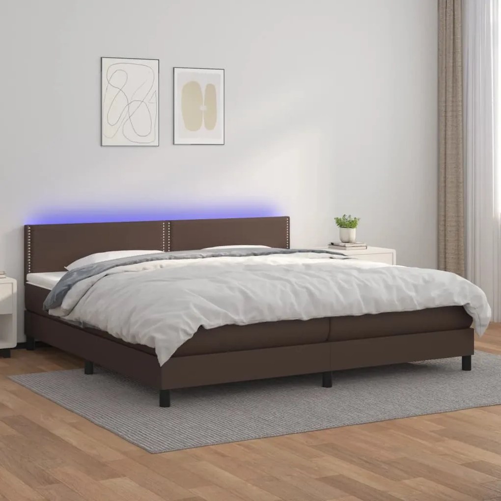 Cama box spring c/ colchão/LED 200x200 cm couro artif. castanho