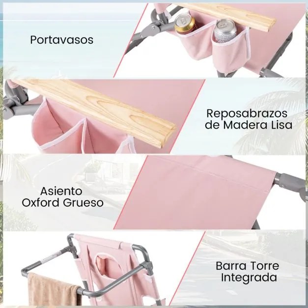 Cadeira de praia dobrável 3 em 1 com orifício para o rosto, apoio para os pés, encosto reclinável e transportável para apanhar sol, Rosa