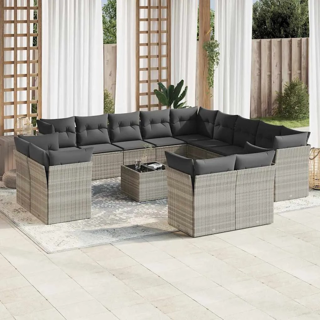 vidaXL 14 pcs conj. sofás jardim com almofadões vime PE cinzento-claro
