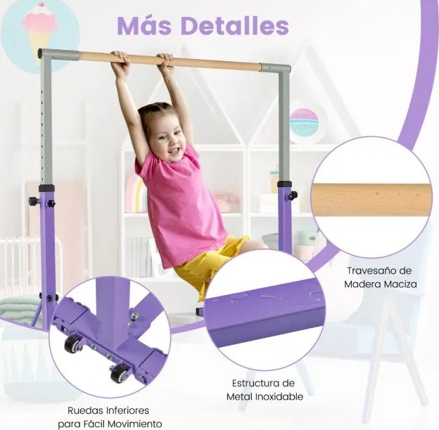 Barra de ginástica infantil dobrável com 13 alturas ajustáveis Estrutura triangular para ginásio em casa Carga 100 kg Roxo