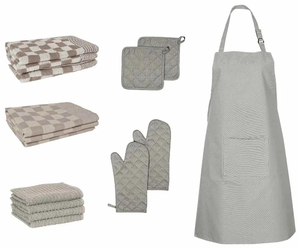 vidaXL Conj. panos de cozinha c/ luvas e pegas 15 pcs algodão cinzento