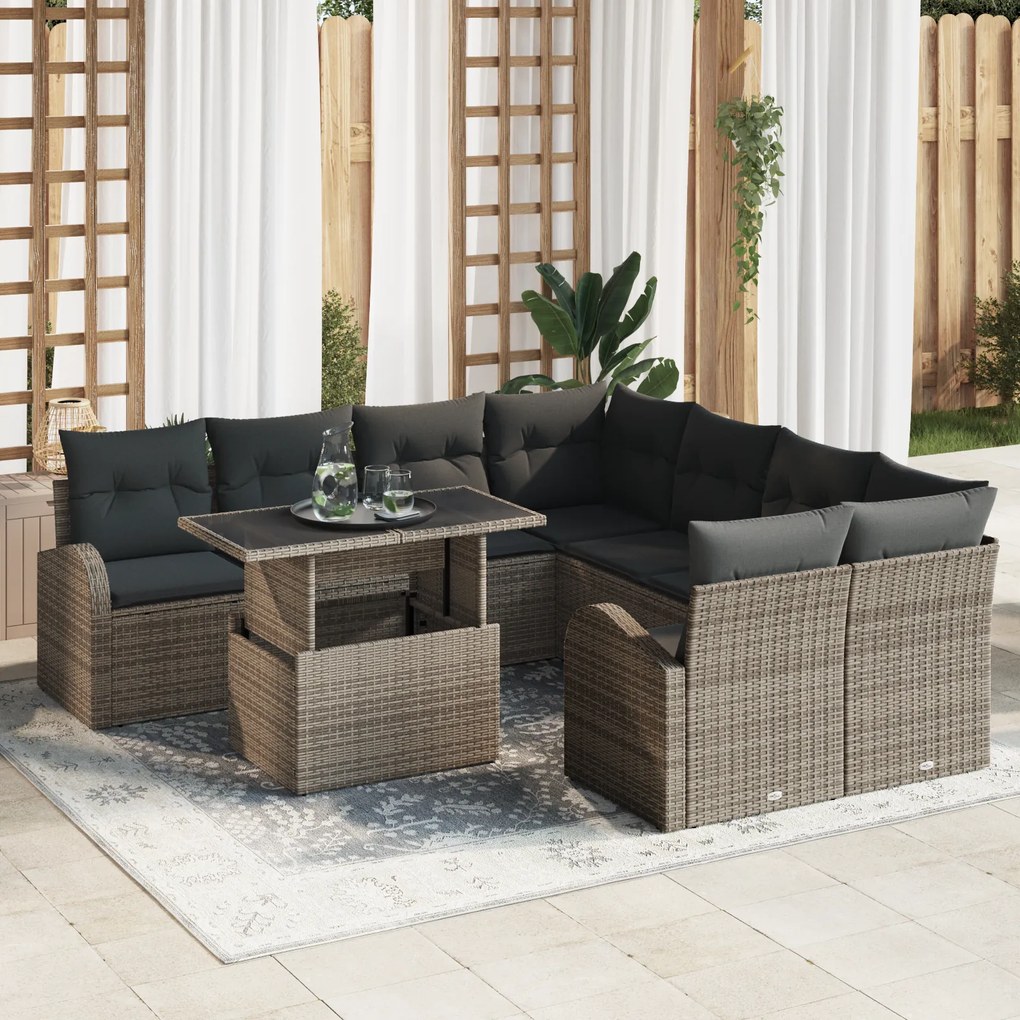 Conjunto de Sofá para Jardim vidaXL 9 Peças com Almofadas Cinzento Rat