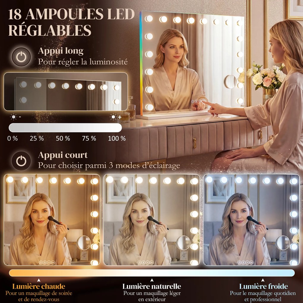 Espelho de maquilhagem Hollywood 80 x 14 x 60 cm com 18 lâmpadas LED, 3 cores de iluminação, luz RGB, altifalante Bluetooth, branco