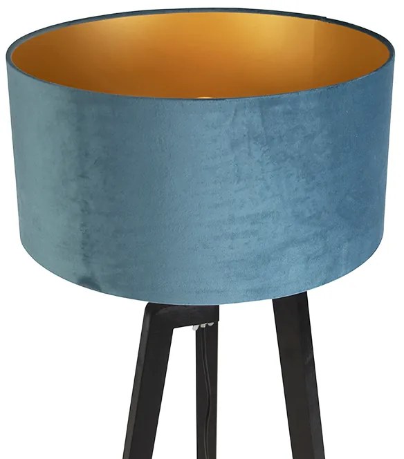 Candeeiro de pé tripé preto com cúpula azul e dourado 50 cm - Puros Country / Rústico