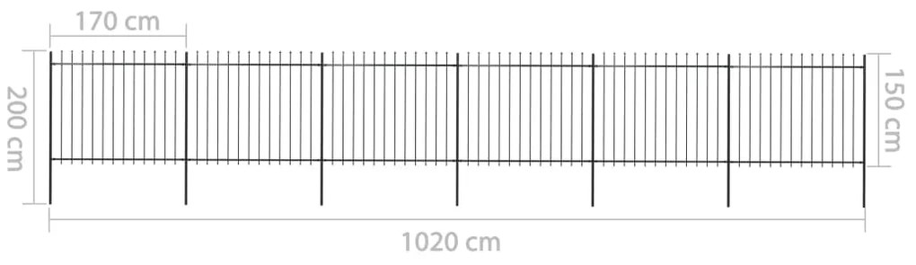 Cerca de jardim com topo em lanças 10,2x1,5 m aço preto