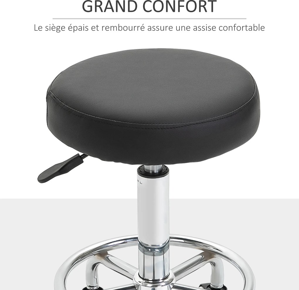 Banco com rodas, banco de massagem com altura ajustável de 50 a 64 cm e assento almofadado, giratório a 360°, preto