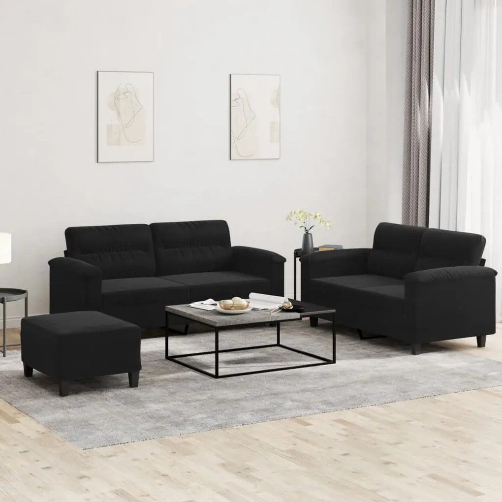 vidaXL 3 pcs conj. sofás c/ almofadões tecido de microfibra preto