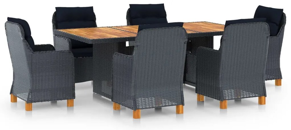 7 pcs conj. jantar exterior c/ almofadões vime PE cinza-escuro