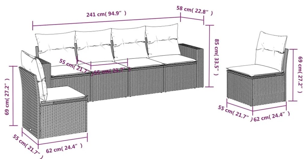 6 pcs conjunto sofás de jardim com almofadões vime cinzento
