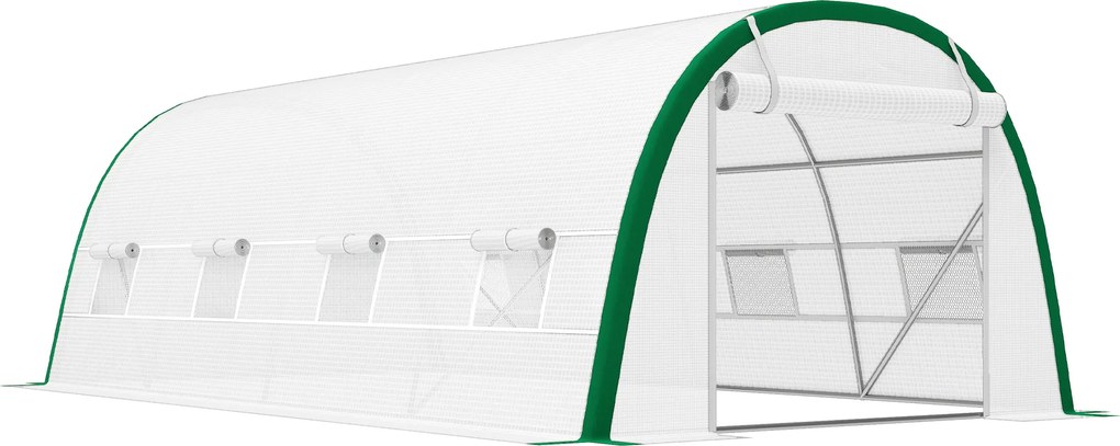 Outsunny Estufa Tipo Túnel de Jardim 6x3x2 m Estufa de Exterior com Porta Enrolável 8 Janelas com Rede Cobertura PE 140g/m² Branco | Aosom Portugal