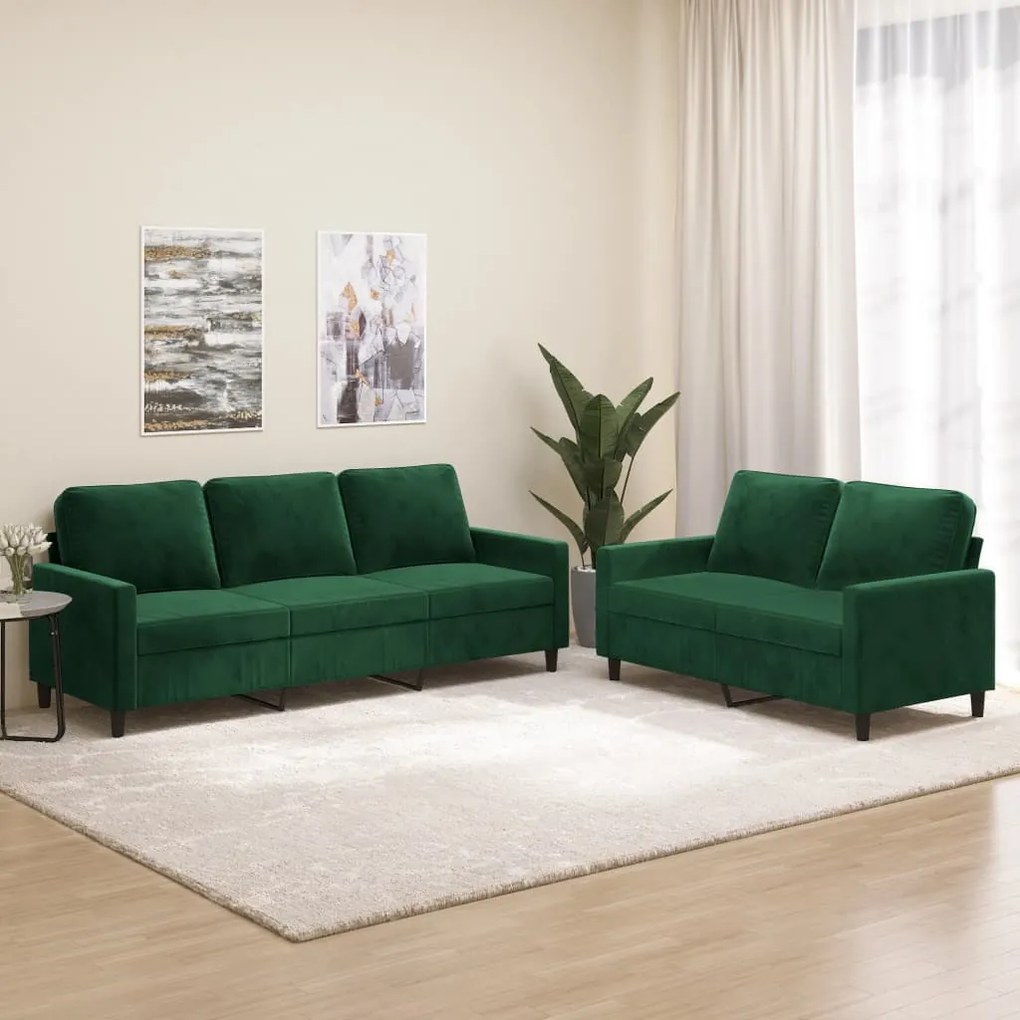 vidaXL 2 pcs conjunto de sofás com almofadões veludo verde-escuro