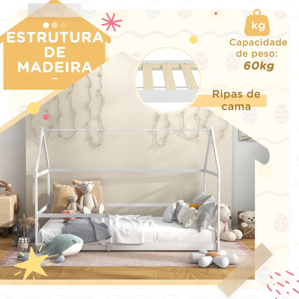 Cama Infantil 90x190 cm em Forma de Casa com Barreira Protetora Cama Casinha de Madeira Carga 60 kg Branco