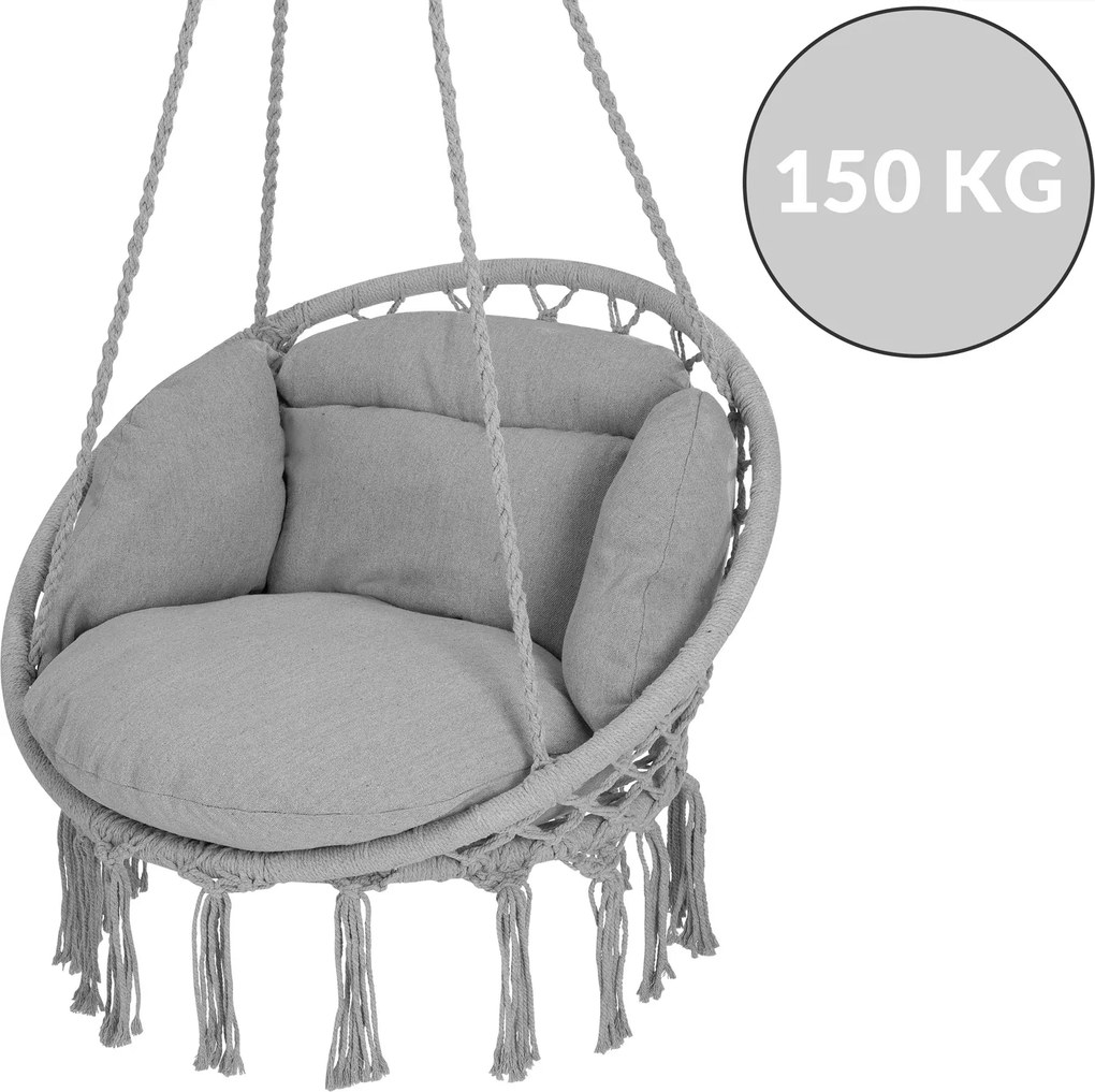 Cadeira suspensa 80x60x140cm redonda com almofadas cinzenta clara