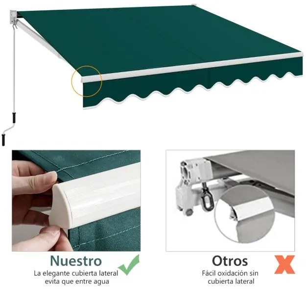 Toldo retrátil 295 x 250 cm com manivela manual para parede Porta Janel Verde