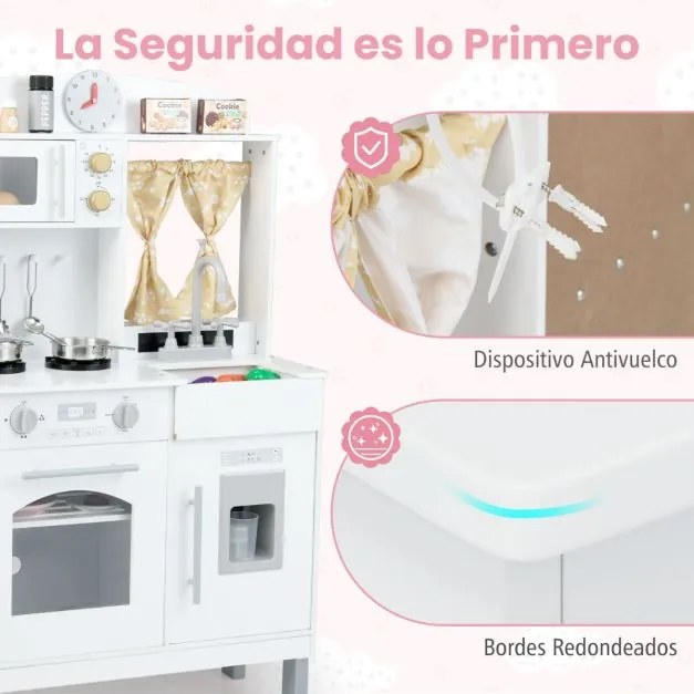 Cozinha de brincar para crianças de madeira 63 x 30 x 100/104/105,5 cm com 3 alturas ajustáveis Micro-ondas Fogões Pia Forno Máquina Branca
