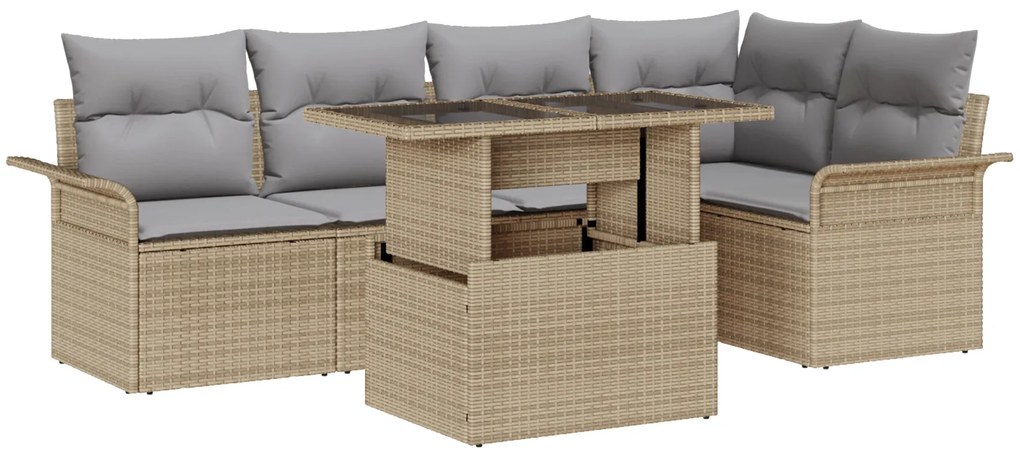 Conjunto de Sofá de Jardim de 6 Peças com Almofadas Bege Polímero de Vime