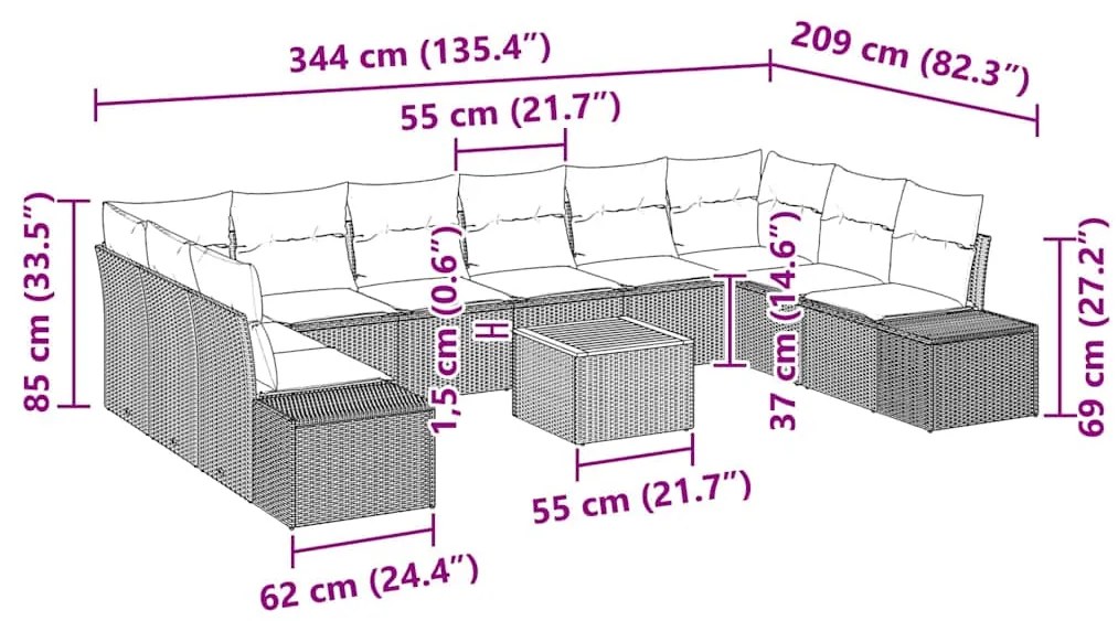 Conjunto de Sofá de Jardim com 11 peças e almofadas bege em rattan sin