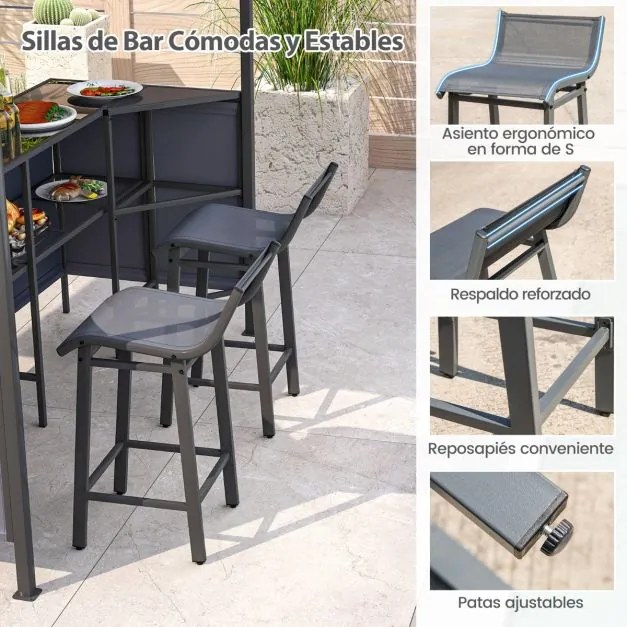 Conjunto de Tenda bar para jardim 245 x 245 x 243 cm com 3 peças com 2 bancos de bar Mesa de bar em vidro temperado Estante de armazenamento Cinza