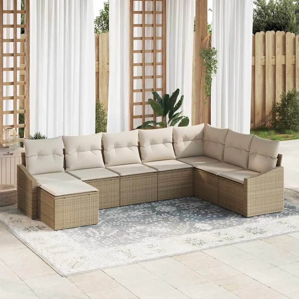 vidaXL Conjunto de sofá de jardim com 8 peças e almofadas bege em rattan sintético.