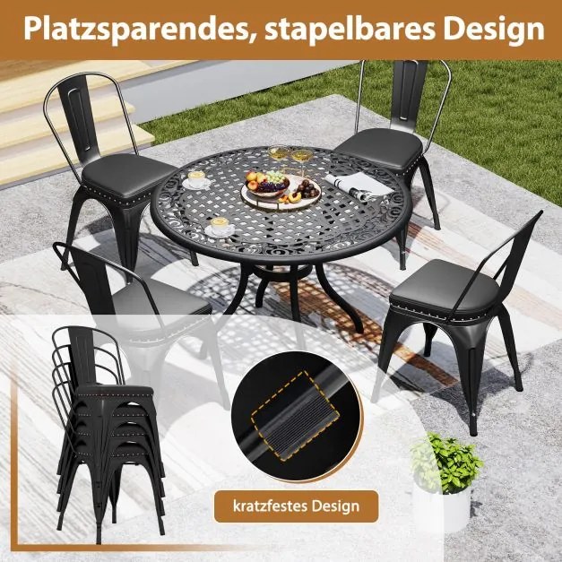 Conjunto de 4 cadeiras de jantar, cadeira de bistrô, cadeira de metal empilhável, cadeiras de cozinha acolchoadas, cadeiras de jardim com encosto, 44