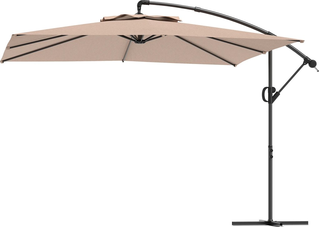 Guarda-sol de 3 x 3 m com manivela, base em cruz, inclinação e rotação de 360°, lona de 180 g/m² em tom cáqui