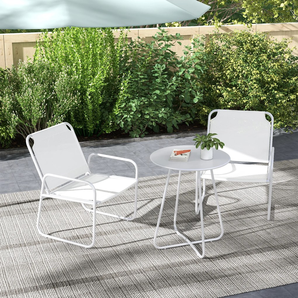 Conjunto de Móveis de Jardim com 1 Mesa Redonda e 2 Cadeiras Estrutura de Aço e Apoio para os Braços Branco