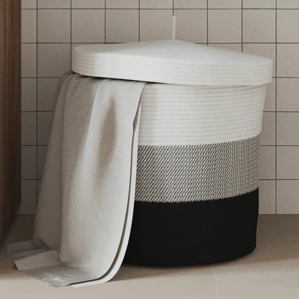vidaXL Cesto de arrumação com tampa Ø40x35 cm algodão branco e preto