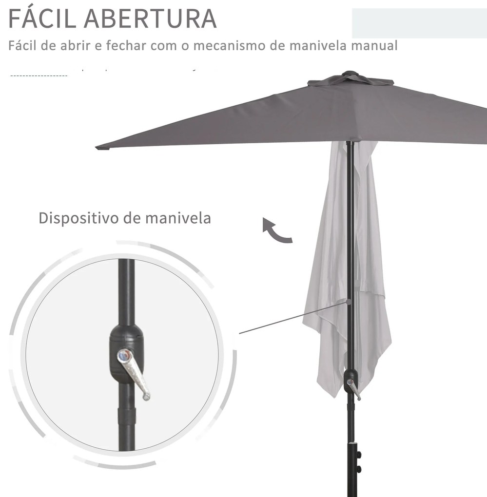 Outsunny Meia Chapéu de sol 230x130x245 cm Chapéu de sol para Parede Jardim com Manivela e Vara Metálica Ø38 mm Terraço Varanda Cinzento