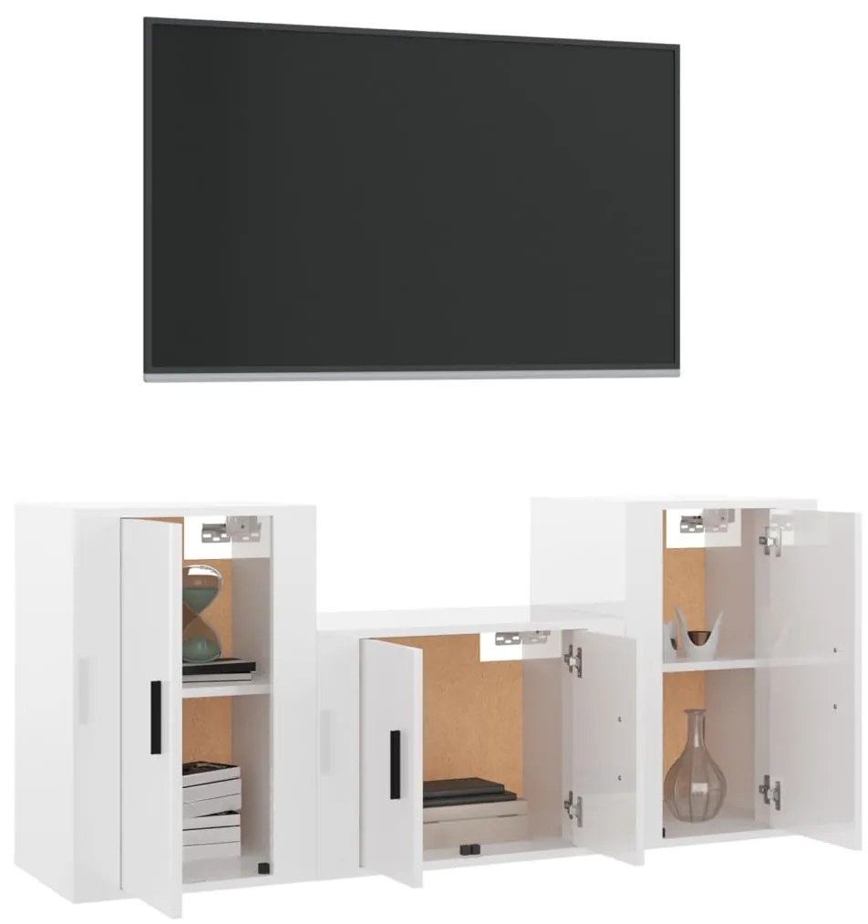 3 pcs conjunto móveis de TV madeira processada branco brilhante