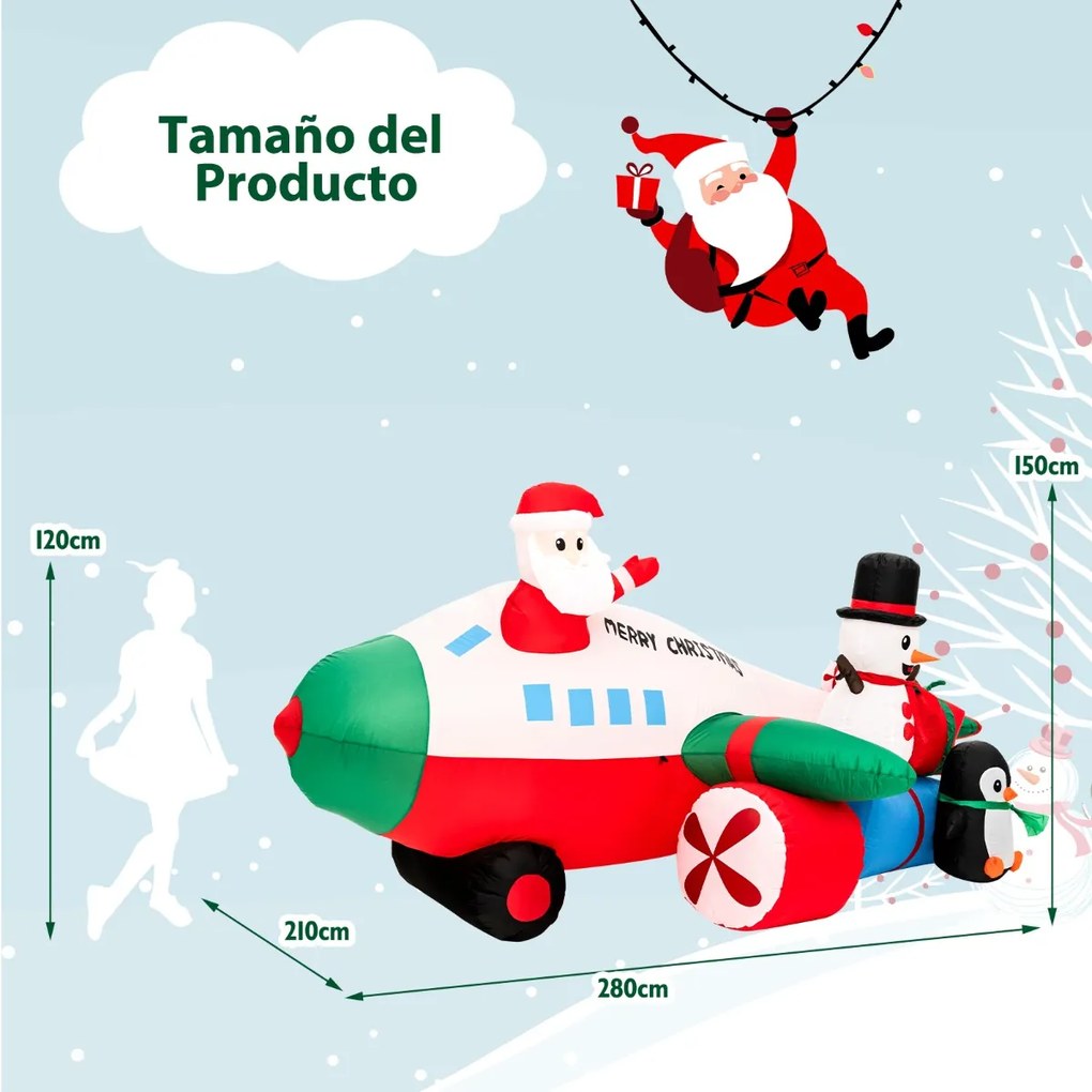 Pai Natal insuflável em helicóptero com luzes LED embutidas, boné de neve e caixa de presente 280 x 210 x 150 cm