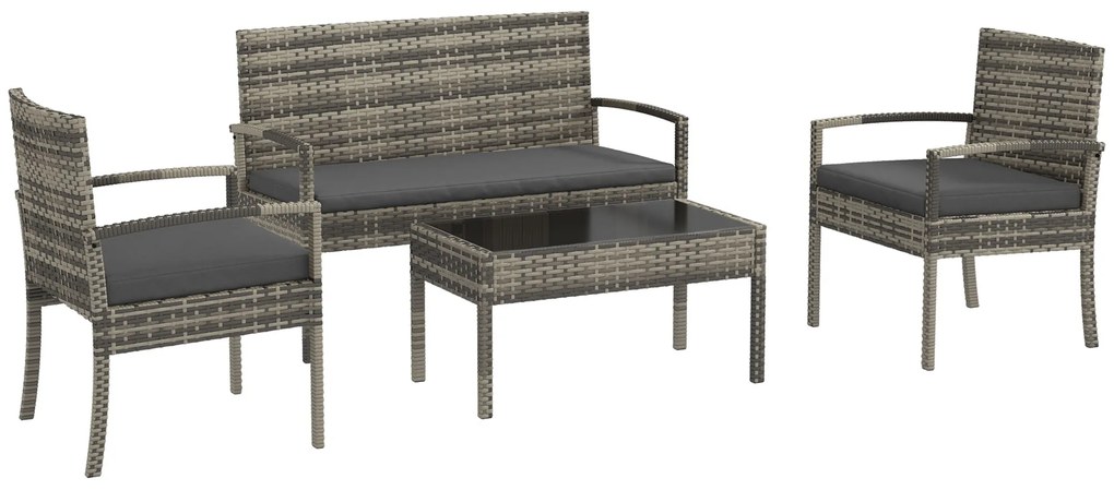 Outsunny Conjunto Móveis de Jardim de 4 Peças em Vime Sintético com 2 Poltronas 1 Sofá de 2 Lugares e 1 Mesa de Centro Cinza
