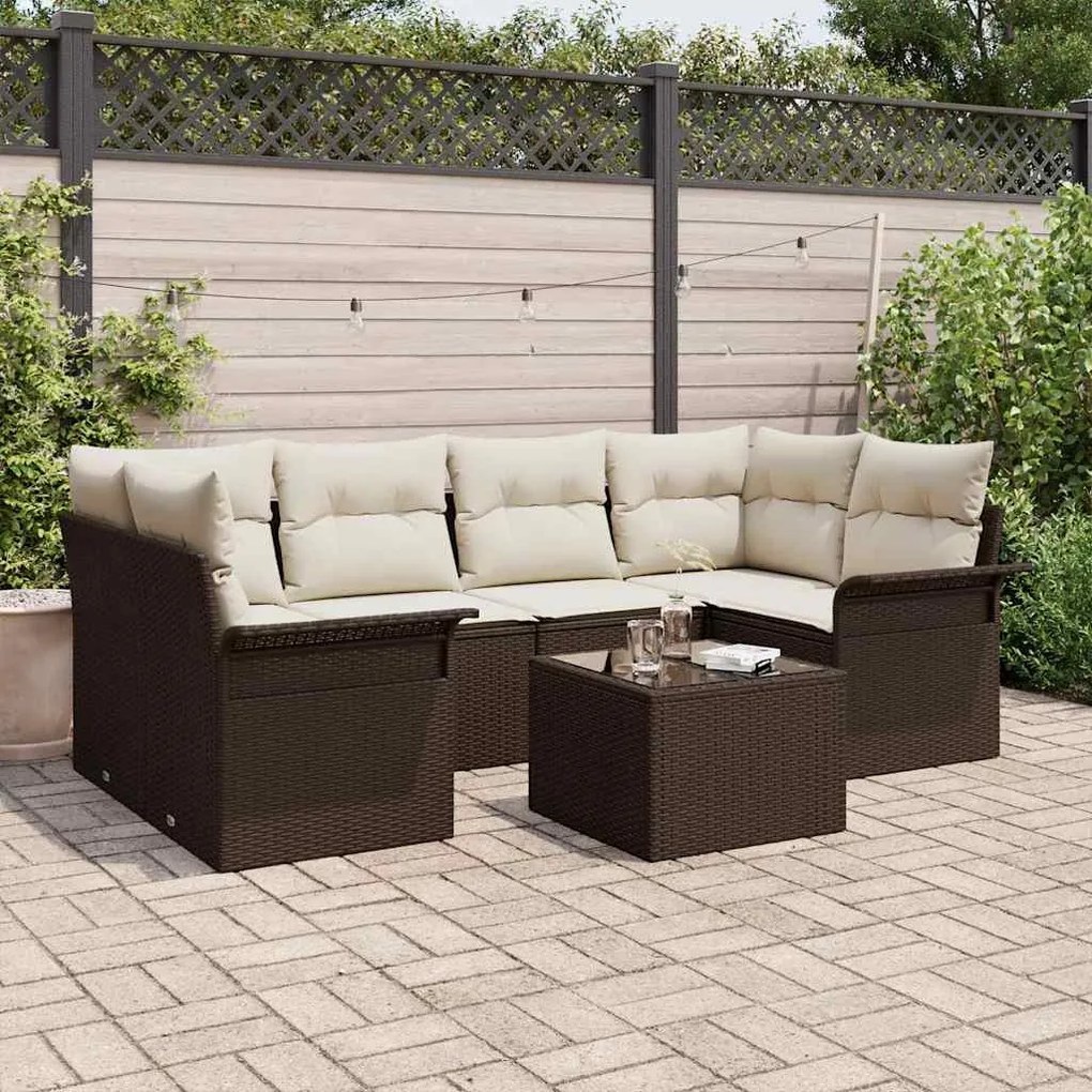 vidaXL Conjunto de sofá de jardim com 7 peças e almofadas marrons em rattan sintético