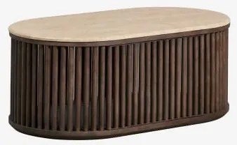 Oval Coffee Table 90x50 Cm In Mango Wood And Natural Stone Talix Travertino - Madeira De Mangueira Escura - Sklum
