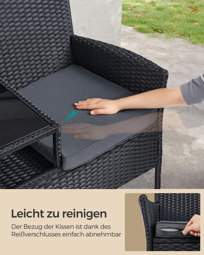 Sofá de jardim, varanda com mesa em poliratãn PE 65 x 131 x 84 cm preto-cinzento escuro