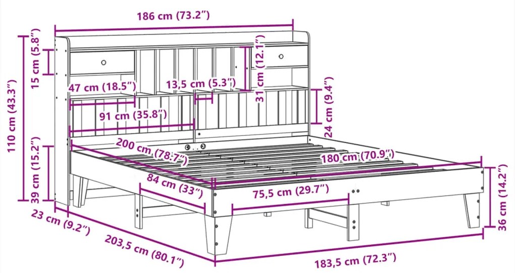 Cama sem colchão 180x200 cm madeira de pinho maciça branco