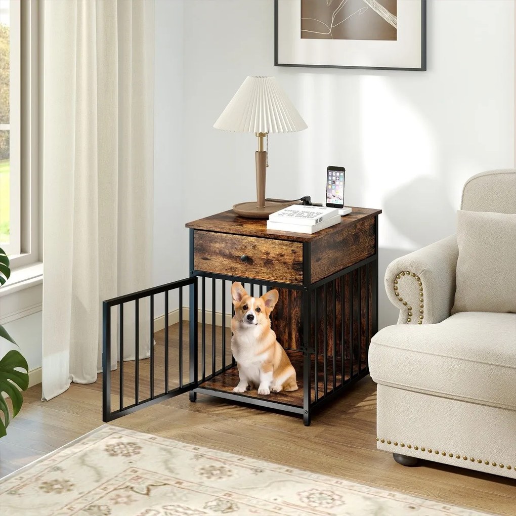 Gaiola para cães Mesa auxiliar para uso doméstico com estação de carregamento, porta, gaveta e tubos de metal castanho