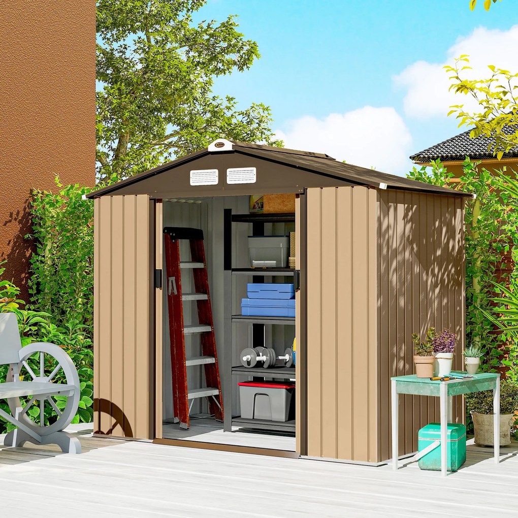Abrigo de Jardim 2,42 m² 213x130x185 cm Abrigo de Jardim Metálico com Porta Deslizante Ventilação e Kit de Fundação Castanho