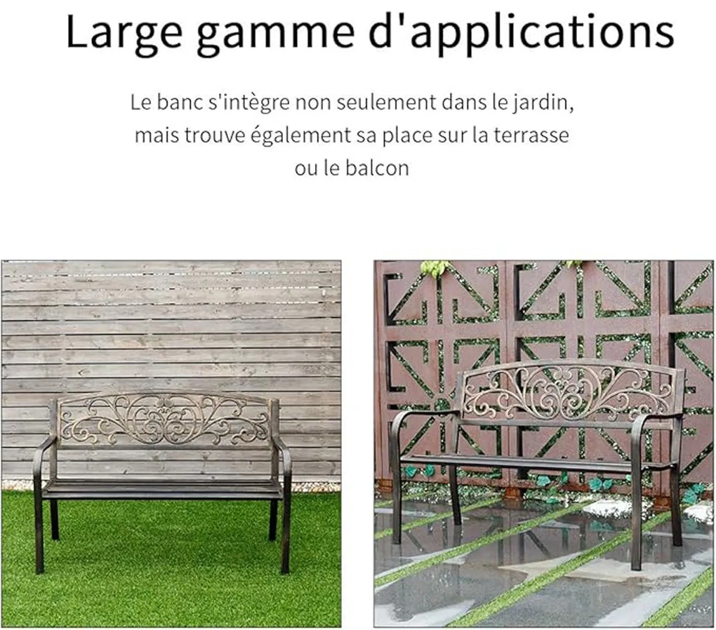 Banco de jardim externo de 126 cm, banco de metal com encosto de treliça geométrica, apoios de braços e assento de ripas, poltrona azul para área externa