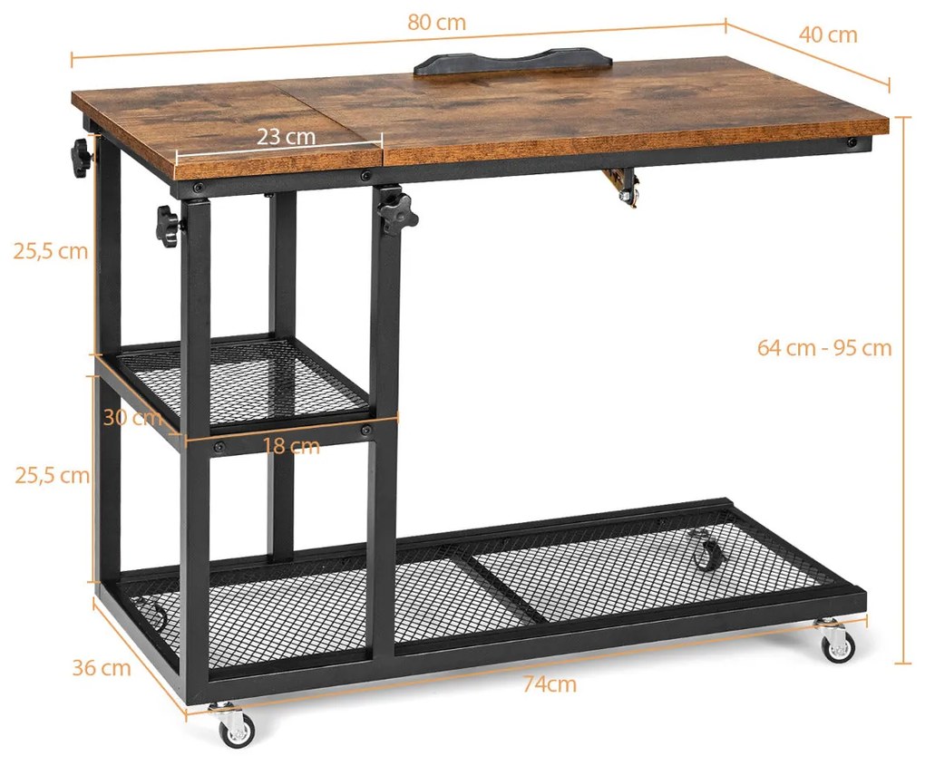 Mesa Lateral em C Ajustável "Alfheimr" - Café, 80x40x64-95cm, Inclináv