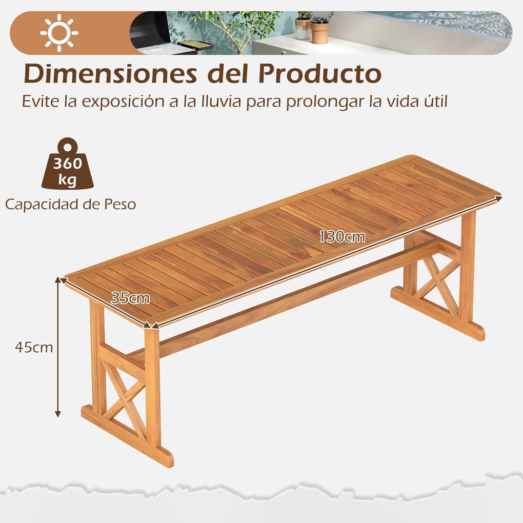 Conjunto de 2 bancos jardim de madeira de acácia para exterior 35 x 130 x 45 cm, sem encosto, com assento em ripas, para 2-3 pessoas, para sala de jan