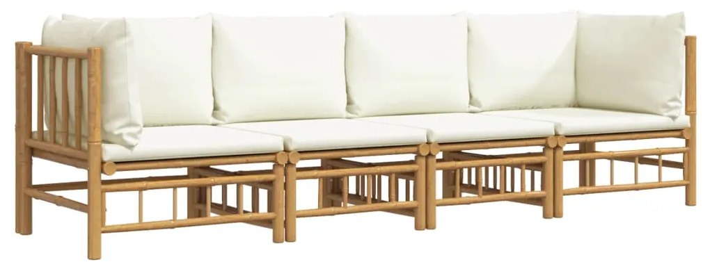 4 pcs conjunto lounge de jardim bambu c/ almofadões branco nata